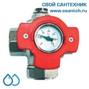 14741 HERZ 1241404 Кран шаровой трехходовой с отводами для промывки и слива, 1 1/4",  PN25, 120°С, с термометром красный