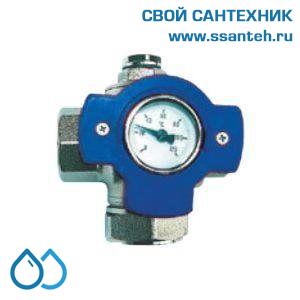 14742 HERZ 1241502 Кран шаровой трехходовой с отводами для промывки и слива, 3/4",  PN25, 120°С, с термометром синий