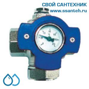 14744 HERZ 1241504 Кран шаровой трехходовой с отводами для промывки и слива, 1 1/4",  PN25, 120°С, с термометром синий